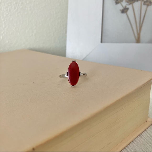 Sarah Coventry Oval Red Stone Statement Ring Coral Scarlet Orangey Bohemian - Picture 6 of 13